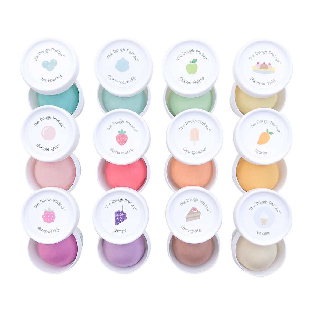 grid of 12 different dough tubs showing different scents and colours